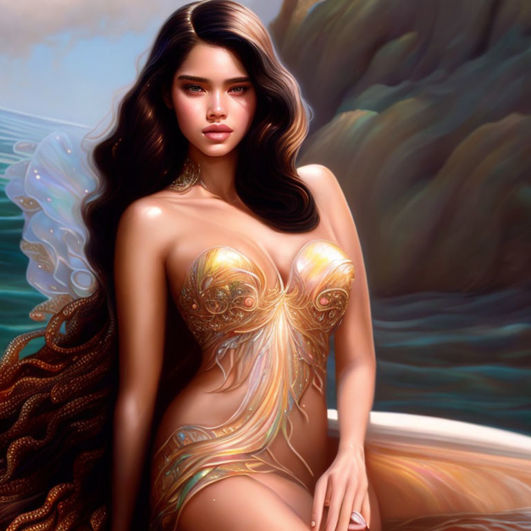 Dark-haired mermaid in golden shell attire by the sea