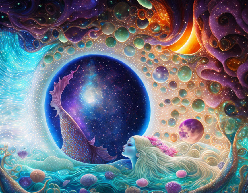 Vibrant surreal artwork: woman with mermaid features in cosmic underwater setting