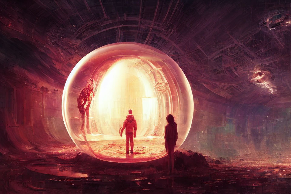 Futuristic scene with two people, glowing orb, and robot-like figure