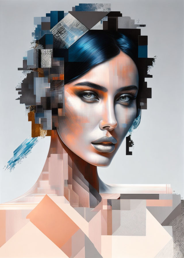 Woman's portrait merges with geometric shapes in digital art