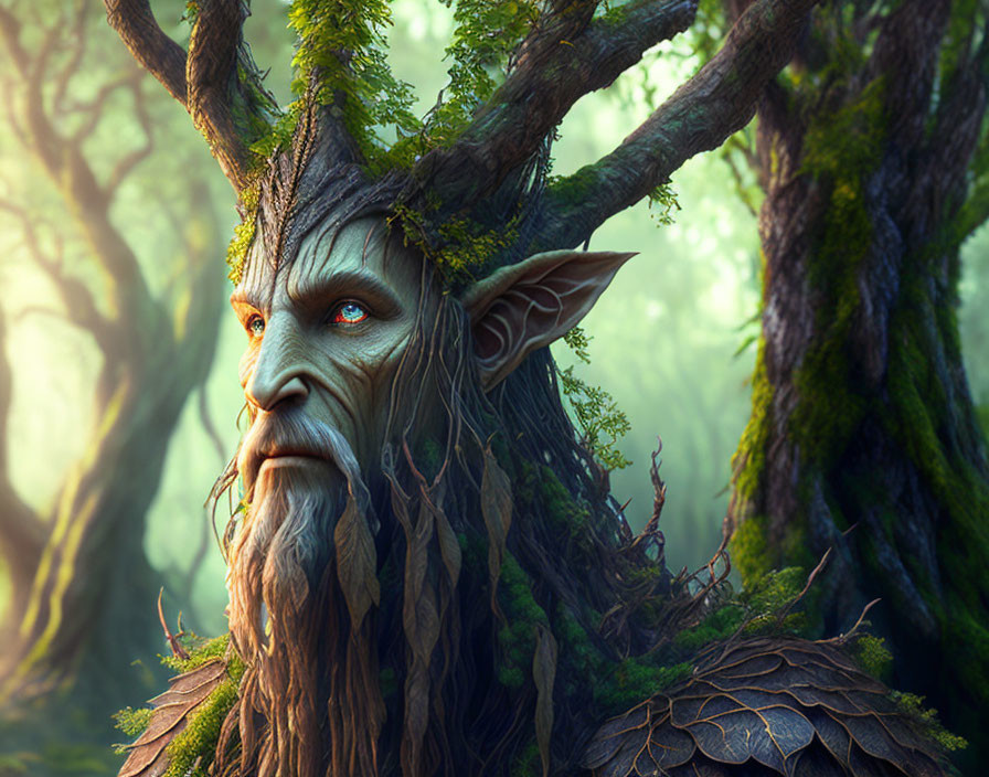 Mystical ent-like creature with wise tree face in lush forest