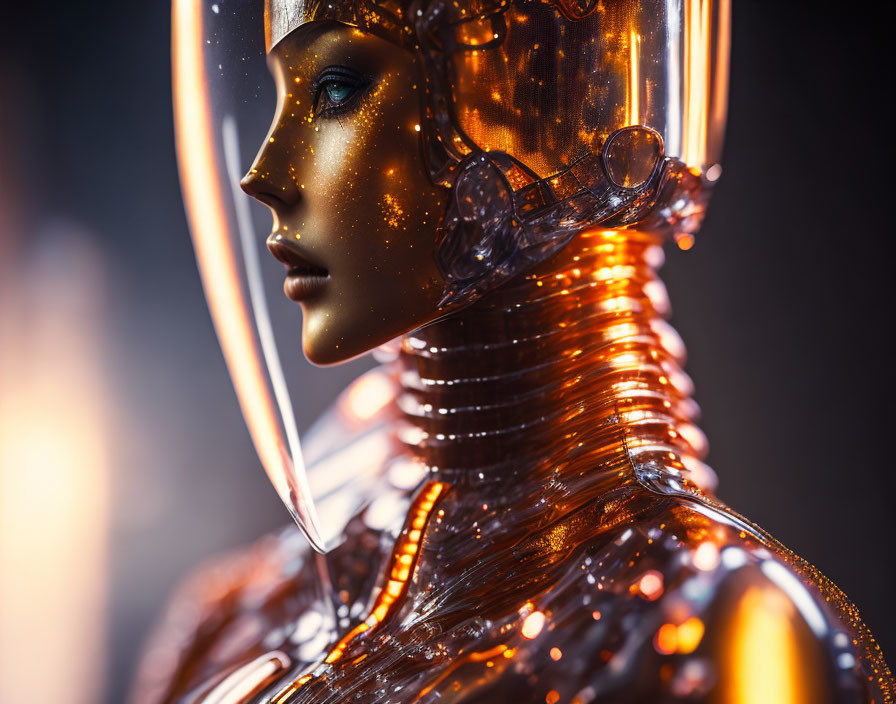 Reflective golden face on humanoid robot with intricate mechanical details