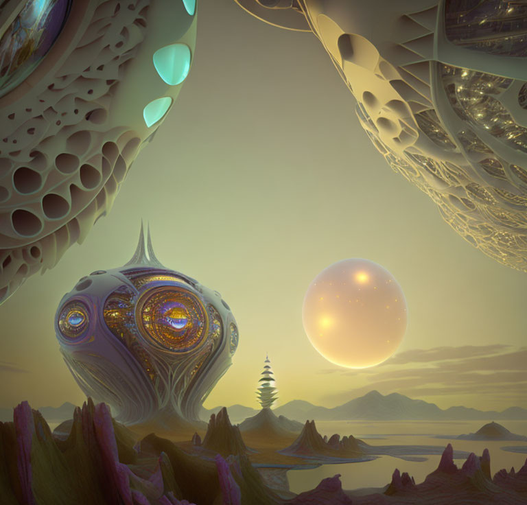 Surreal landscape with alien-like architecture and glistening orbs