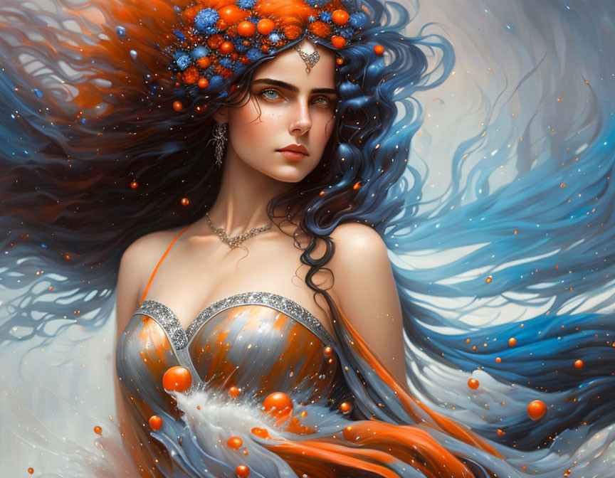 Fantasy illustration: Woman with fiery orange and blue hair, silver dress