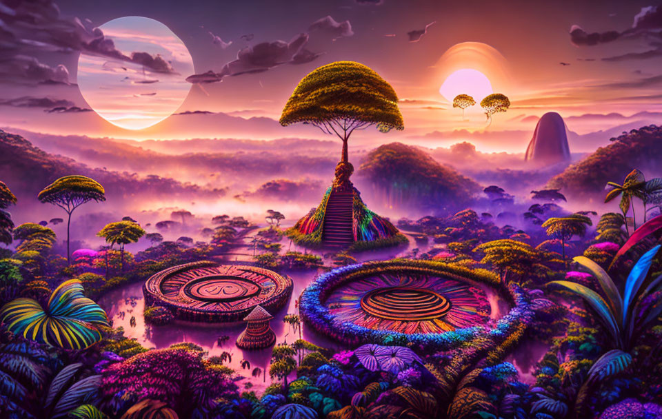 Fantasy landscape with purple sky, two moons, illuminated flora, and spiraling trees