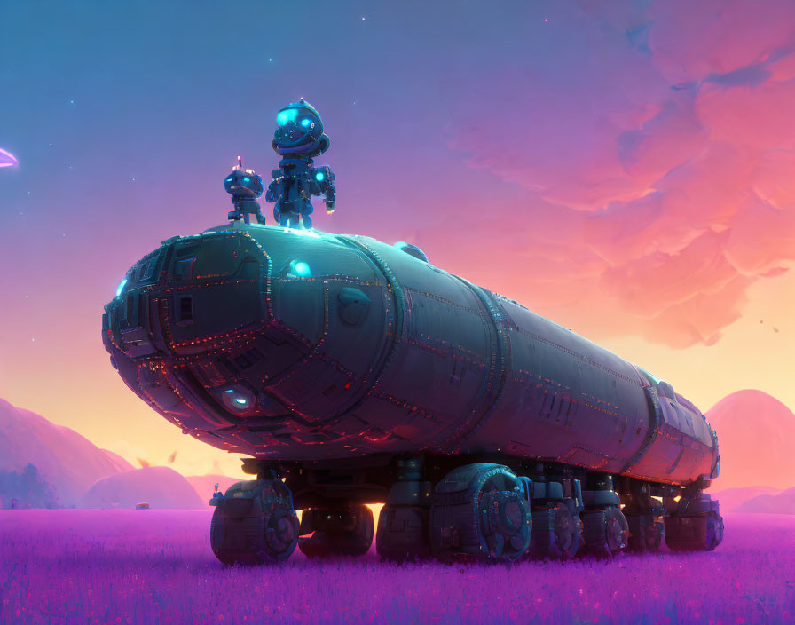 Purple field at dusk with spaceship, two robots, and pink sky