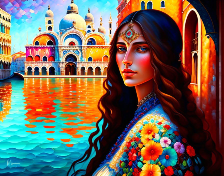 Colorful digital painting of a woman in Venice cityscape