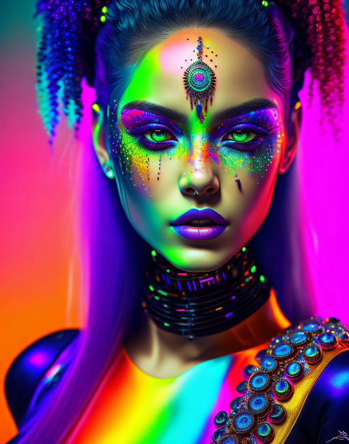 Vibrant neon makeup on woman with futuristic accessories