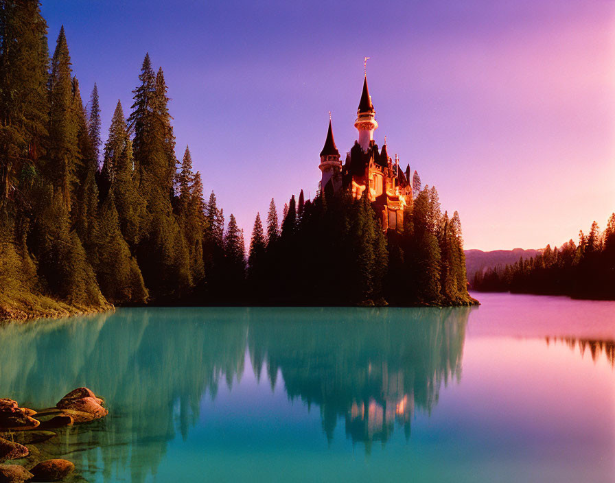 Majestic castle with illuminated spires by serene blue lake