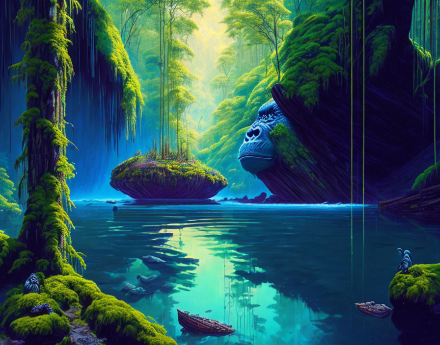 Mystical blue forest with floating island, calm water, and ethereal light