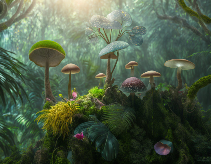 Mystical forest with mushrooms and greenery under soft light