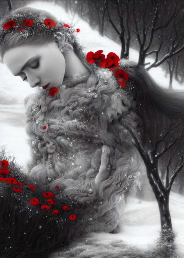 Grayscale image of contemplative person with long hair and red flowers, textured garment, snowy backdrop