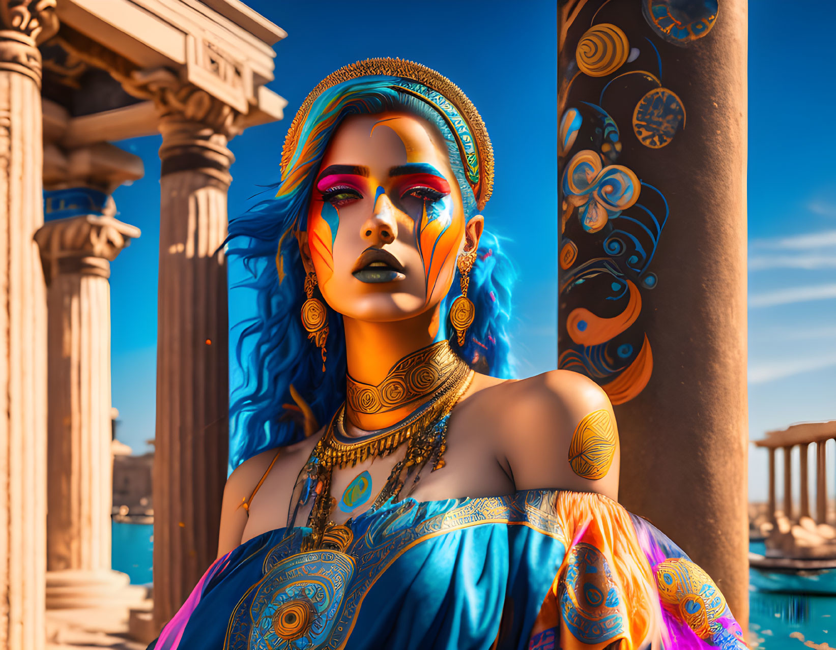 Colorful digital artwork: Woman with rainbow hair, makeup, ornate jewelry, against Greek temple.