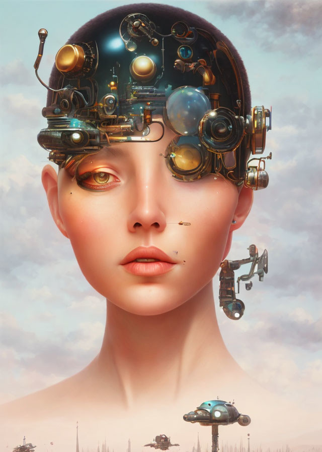 Digital Artwork: Person with Surreal Futuristic Helmet and Floating Ships