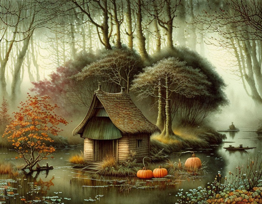 Tranquil autumn landscape with cottage, misty lake, fall foliage, pumpkins, and floating