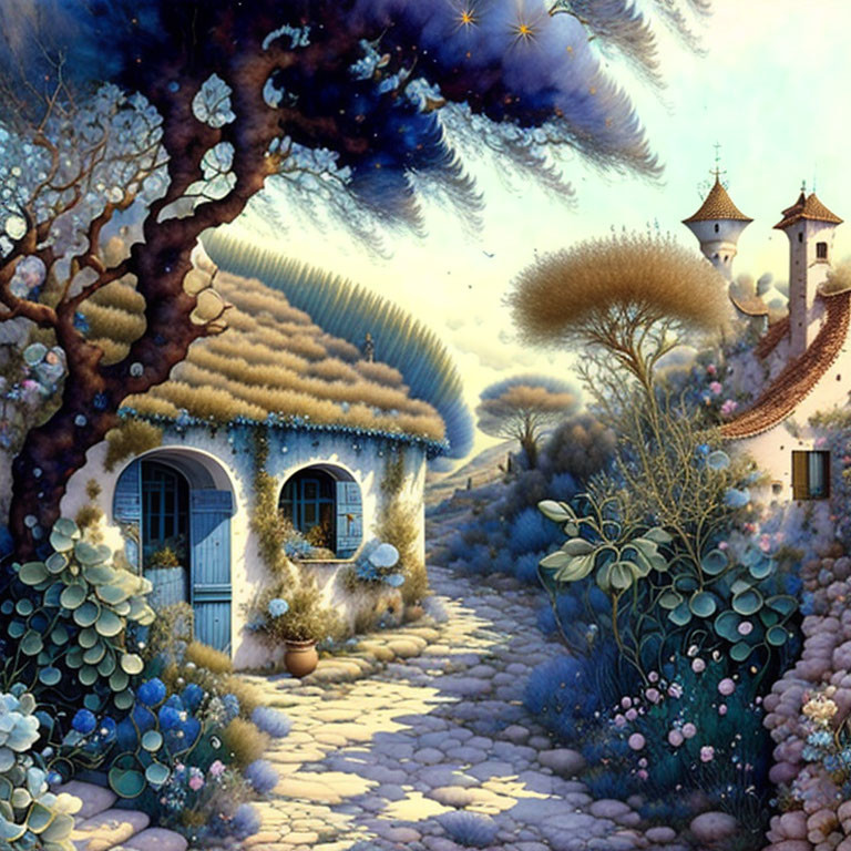 Whimsical surreal landscape with cobblestone paths and blue-roofed cottages