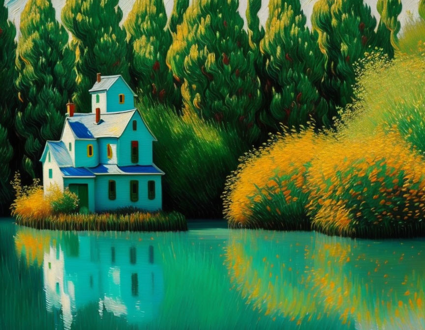 Vibrant painting of blue house in green landscape with water reflections