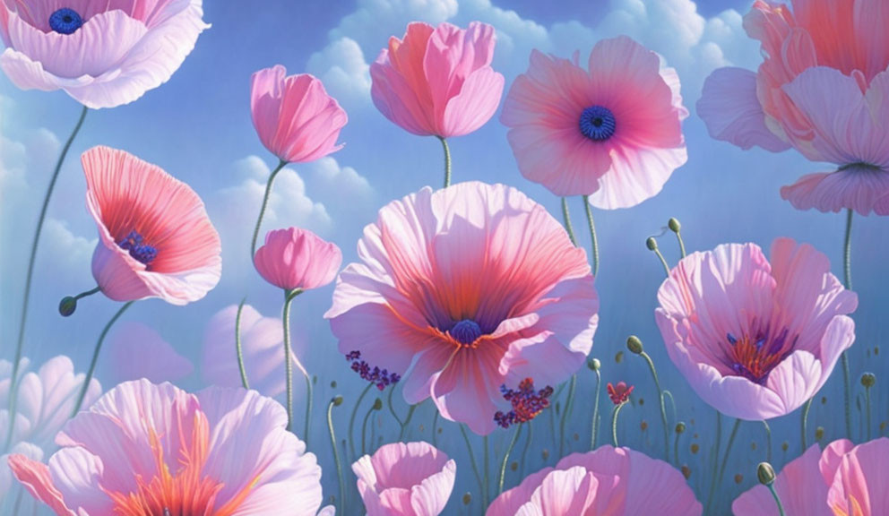 Colorful painting of pink and purple poppies under fluffy clouds