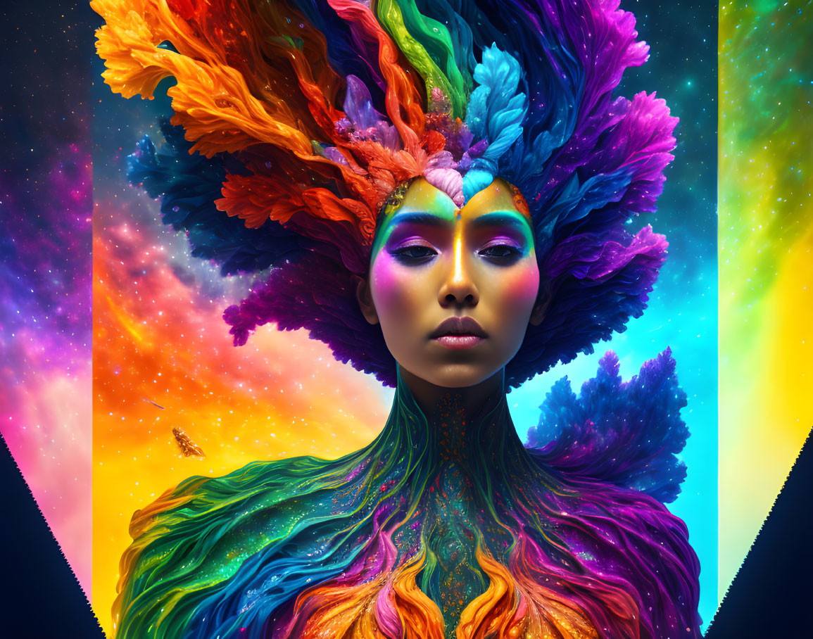 Colorful portrait with feather headpiece and body paint against cosmic background