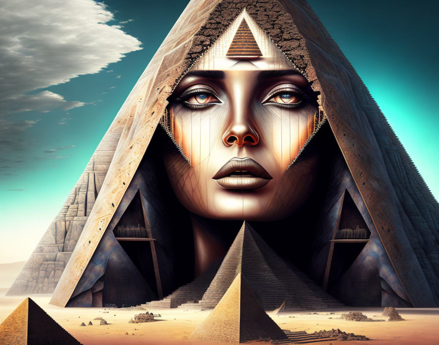 Surreal image: Woman's face merges with Great Sphinx and pyramids