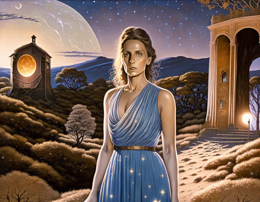 Woman in Star-Patterned Dress in Fantastical Landscape