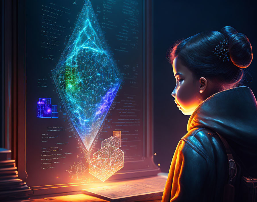 Glowing holographic diamond shape surrounded by futuristic code