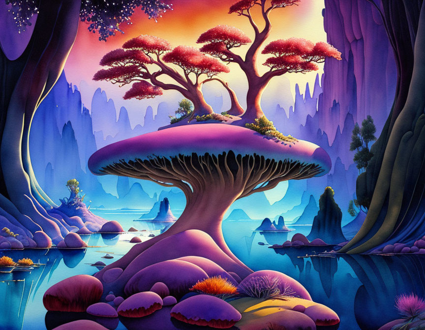 Colorful fantasy landscape with giant mushroom tree and starry sky