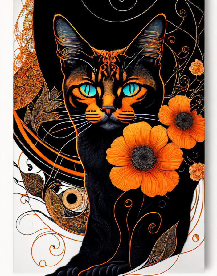 Vivid black cat illustration with orange and blue details