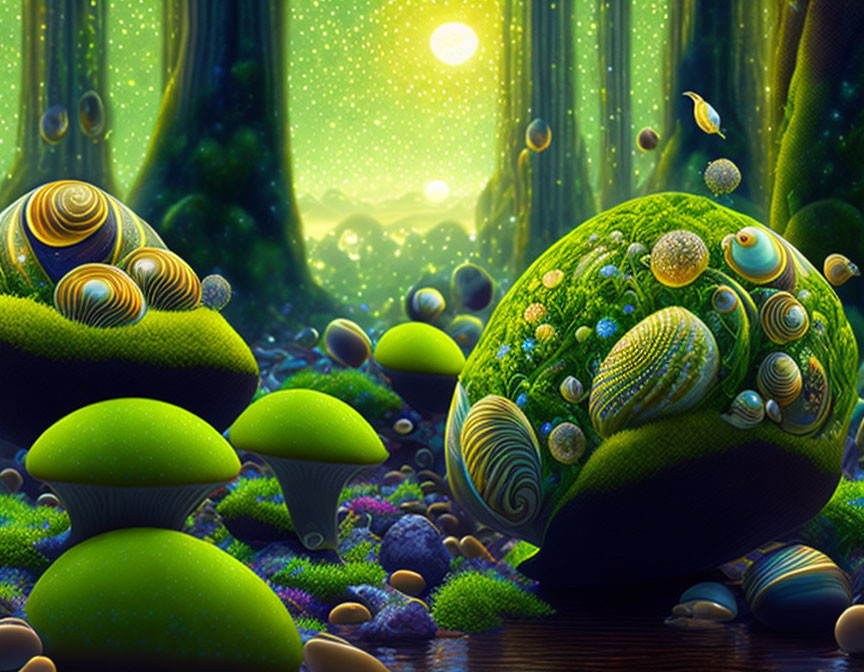 Mystical forest digital artwork with vibrant mushrooms and floating orbs