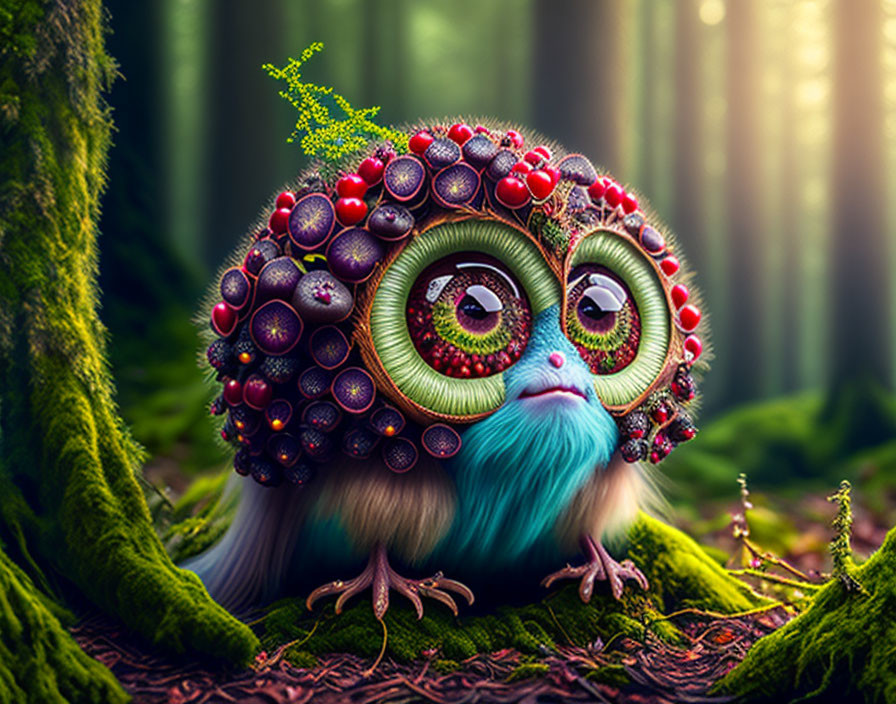 Whimsical creature with green eyes in mossy forest ambiance