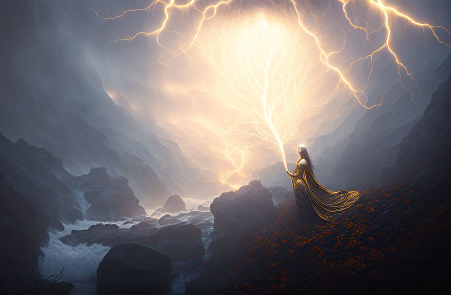 Mysterious cloaked figure in rocky landscape with lightning tree