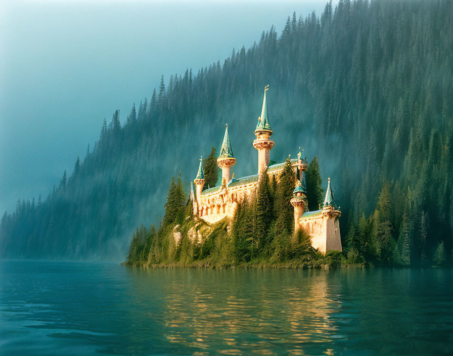 Misty Lake Island Castle with Spires and Turrets