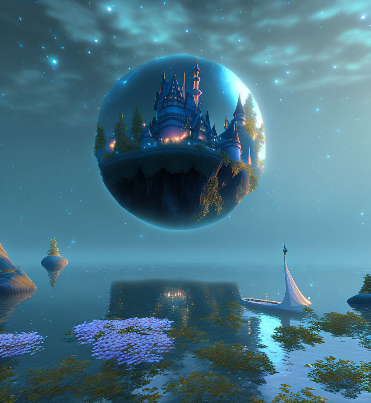 Fantastical floating island with castle on starry night sky above calm lake.