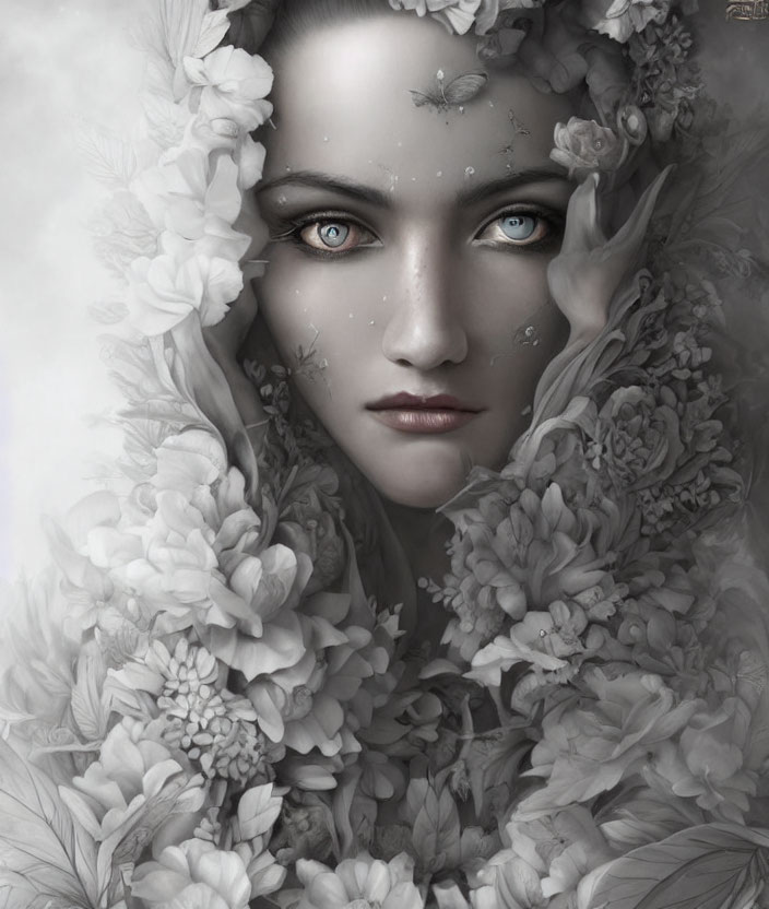 Monochrome digital portrait featuring person with striking blue eyes and intricate floral patterns.