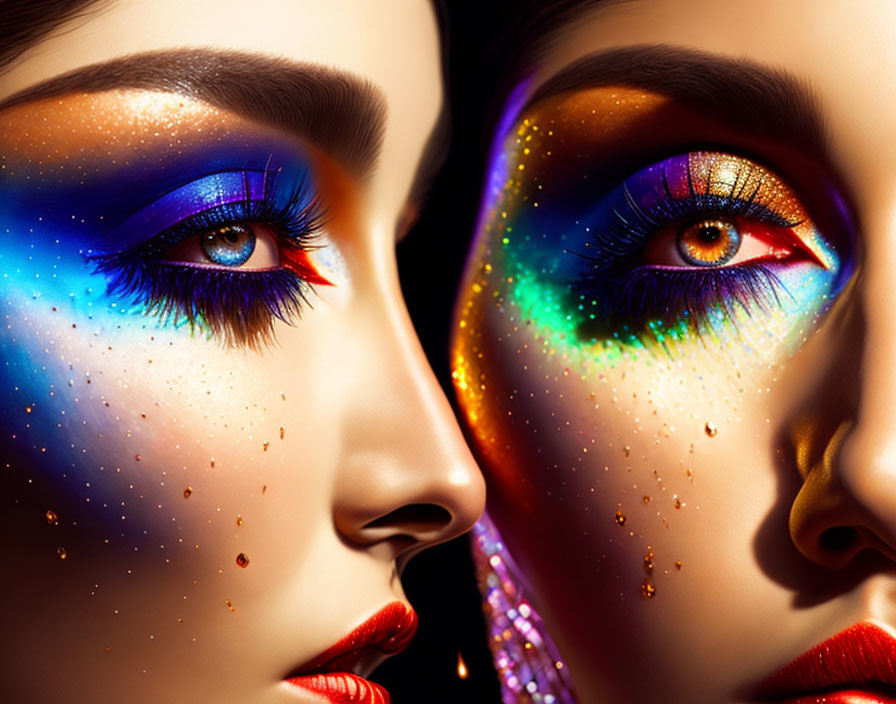 Vibrant, colorful makeup with stars and bold blue and orange eyeshadow