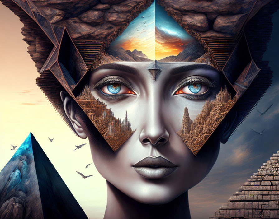 Surreal female face with city eyes in mystical frame