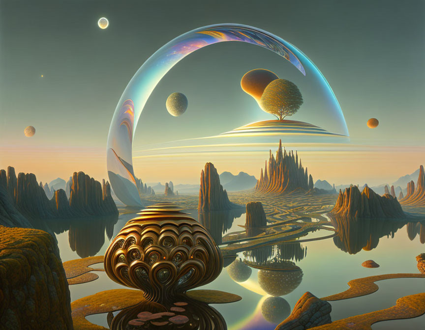 Surreal landscape with towering rock formations and alien sky