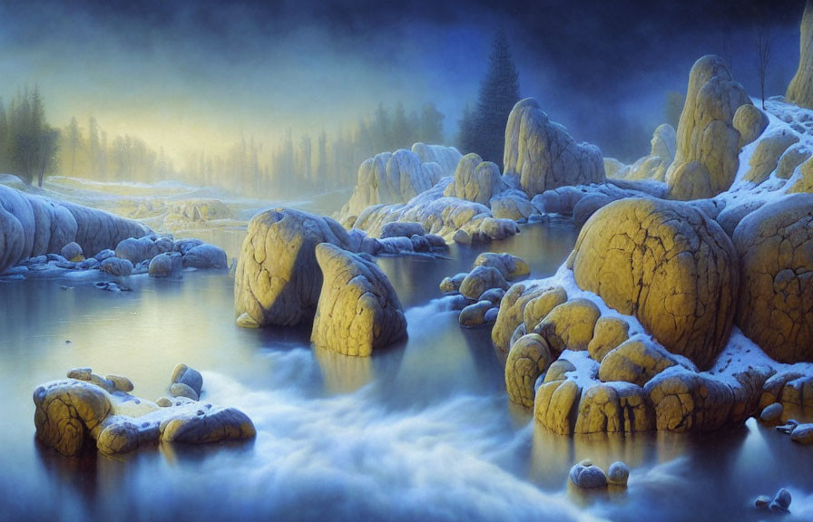 Misty River Landscape with Coniferous Trees