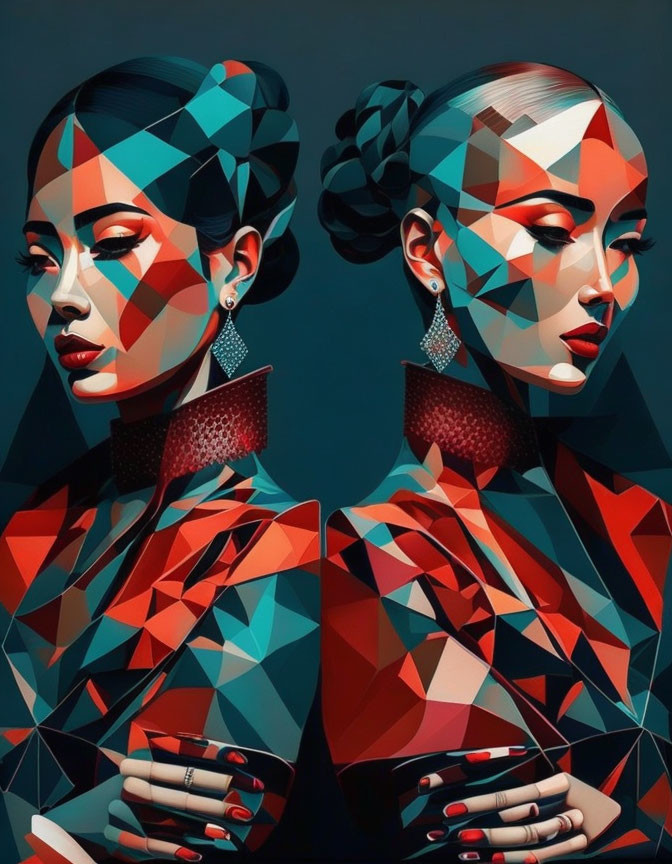 Abstract geometric art of two women with colorful patterns and detailed accessories