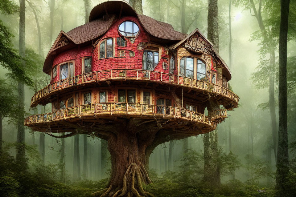 Intricate Wooden Multi-Story Treehouse in Misty Forest