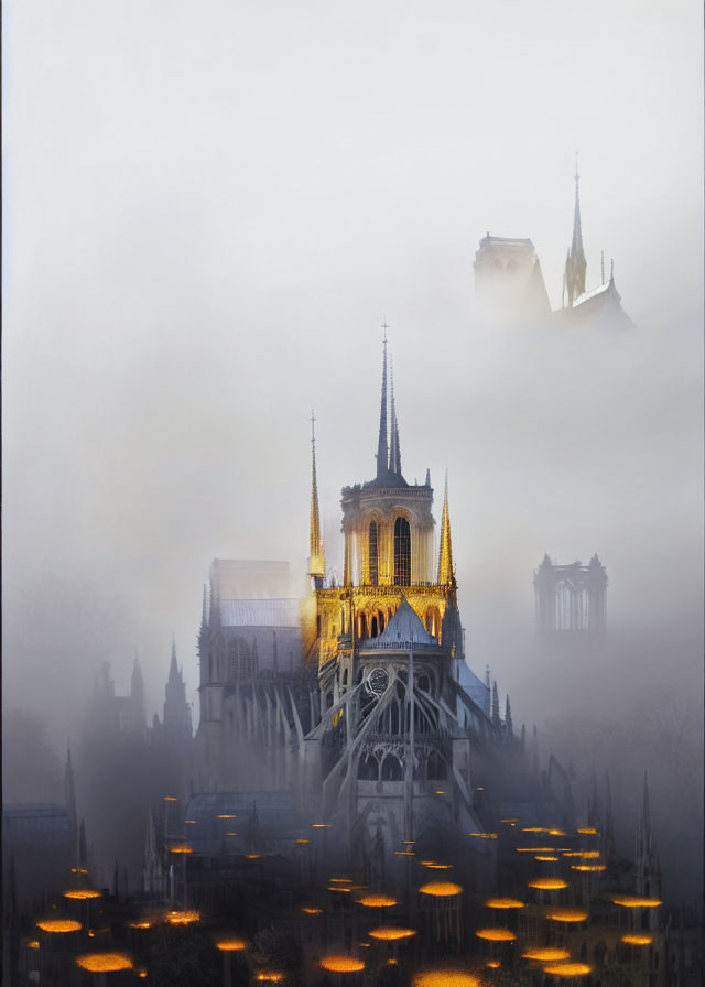 Gothic Cathedral in Misty Setting with Illuminated Spire