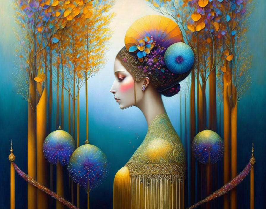 Surrealist portrait of woman with elaborate headwear in fantastical blue tree backdrop