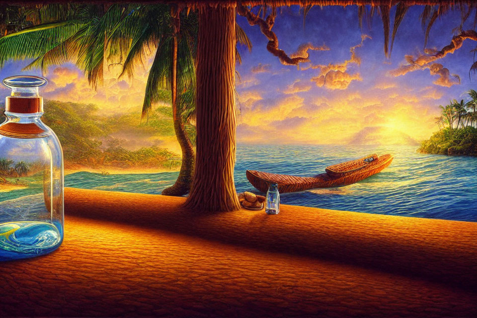 Tranquil river sunset with canoe, palm trees, and sea scene in a bottle