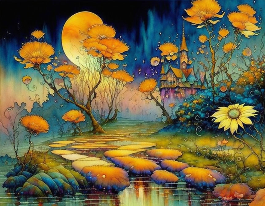 Vibrant fantasy landscape with oversized flowers, winding path, quaint house, and yellow moon