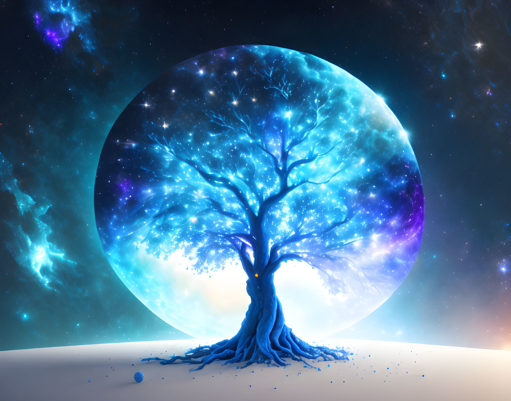 Glowing blue leaves on celestial tree under giant full moon