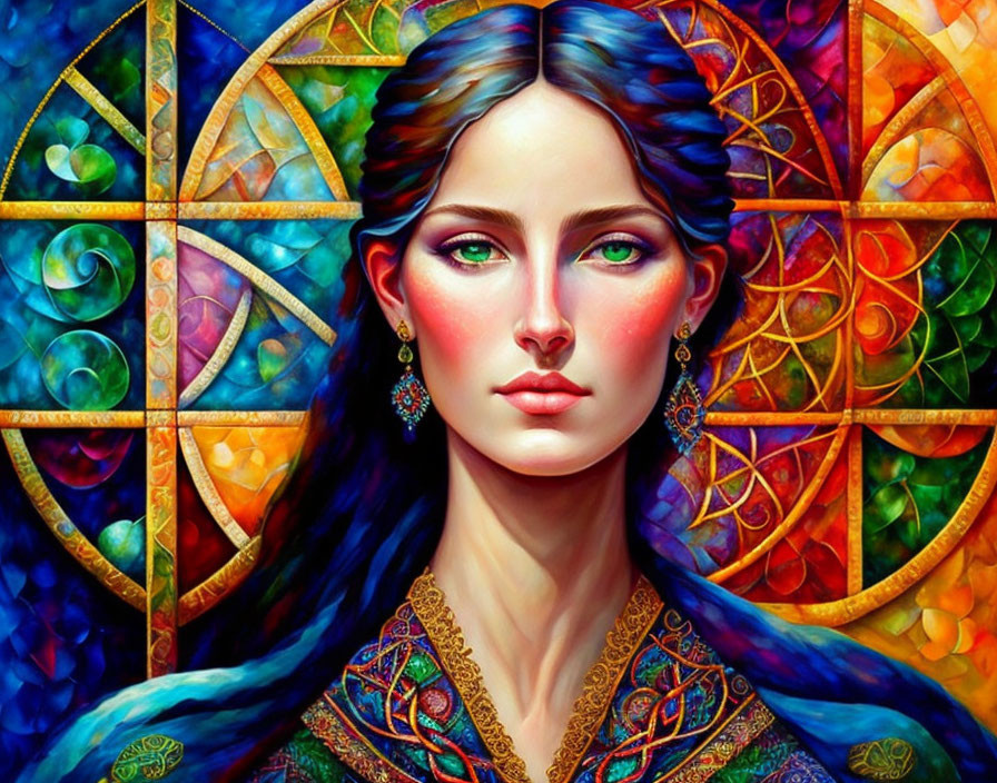 Colorful Illustration: Woman with Blue Hair and Green Eyes in Stained-Glass Setting