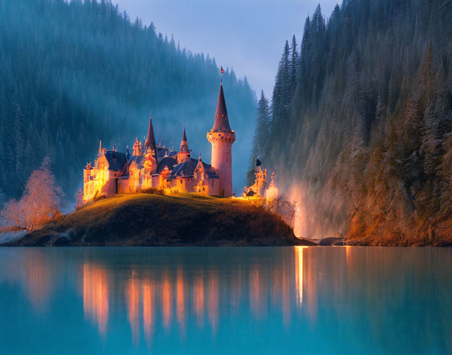 Enchanted castle on islet at twilight with illuminated windows