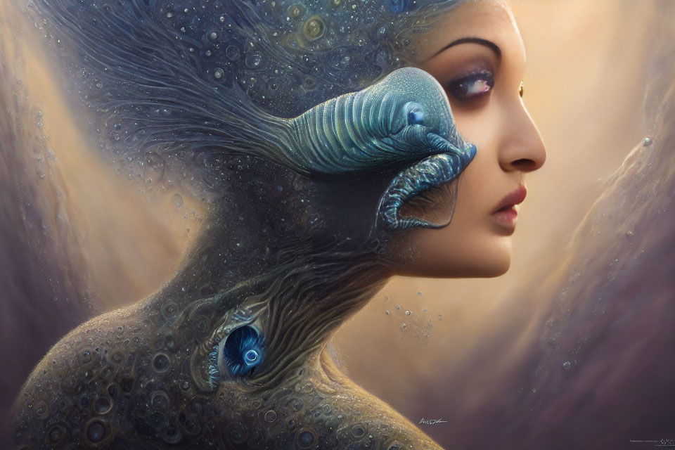 Surreal portrait of woman with peacock-like creature in dreamy setting