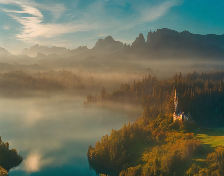 Misty Lake Sunrise: Castle, Hills & Mountains