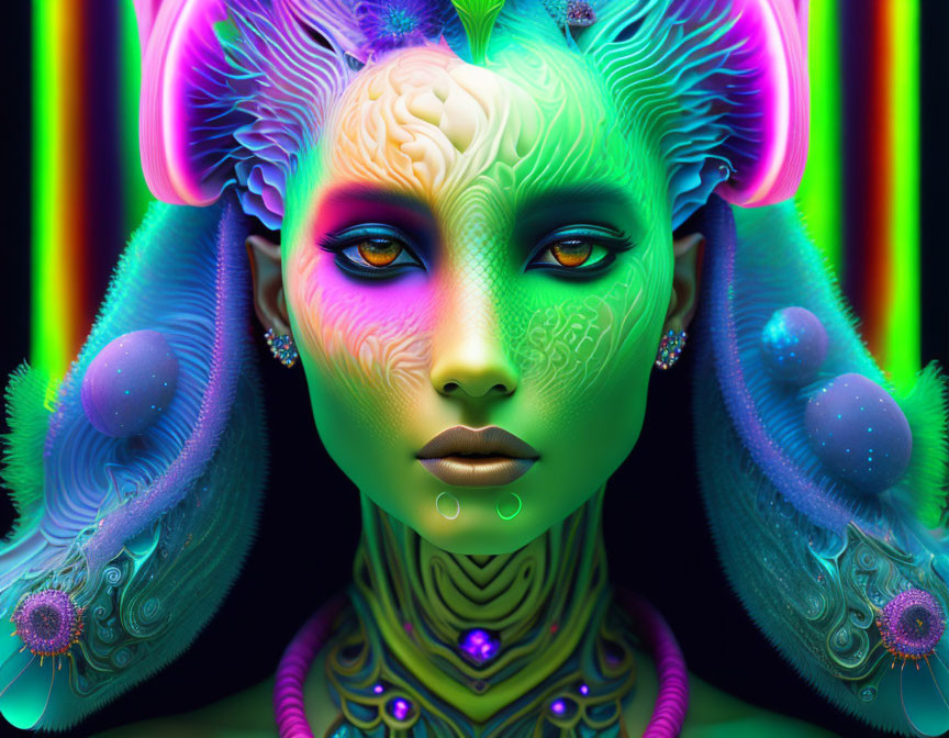 Vibrant digital artwork: alien with intricate facial patterns and neon hues